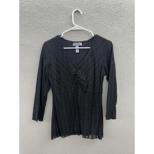 Nine & Co by Nine West Womens Shirt Medium Lined Black Lacey 3/4 Sleeve V-Neck